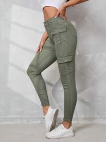 SHEIN Tall Women Tight-Fit Stretchy Denim Workwear Casual  Green Jeans - Army Green - View 4