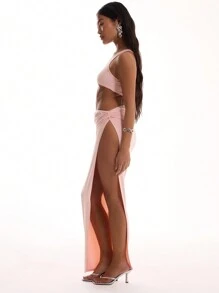 MUSERA 单肩镂空高开衩长裙 夏季春季优雅度假浪漫海滩阳光连衣裙