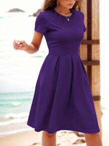 Vestido de cóctel para mujer, con dobladillo acampanado, unicolor, estilo minimalista retro - Morado - Ver 4