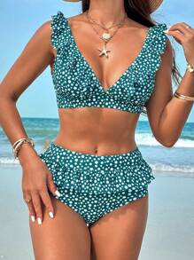 SHEIN Swim Women's Floral Printed Ruffled Two-Piece Bikini Set Summer Beach - Green - View 2