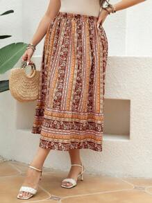 Mulvari Plus Size Women's Geometric Pattern Skirt With Ruffle Hem - Mustard Yellow - View 2