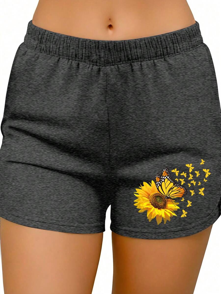 EMERY ROSE Shorts Casuales De Cintura Elástica Para Mujer Con Estampado De Girasoles Y Mariposas - Gris - Ver 1