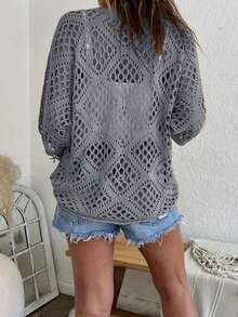 Plus Size Women Deep Grey Diamond Hollow Out V-Neck Pullover Long Sleeve Loose Sweater