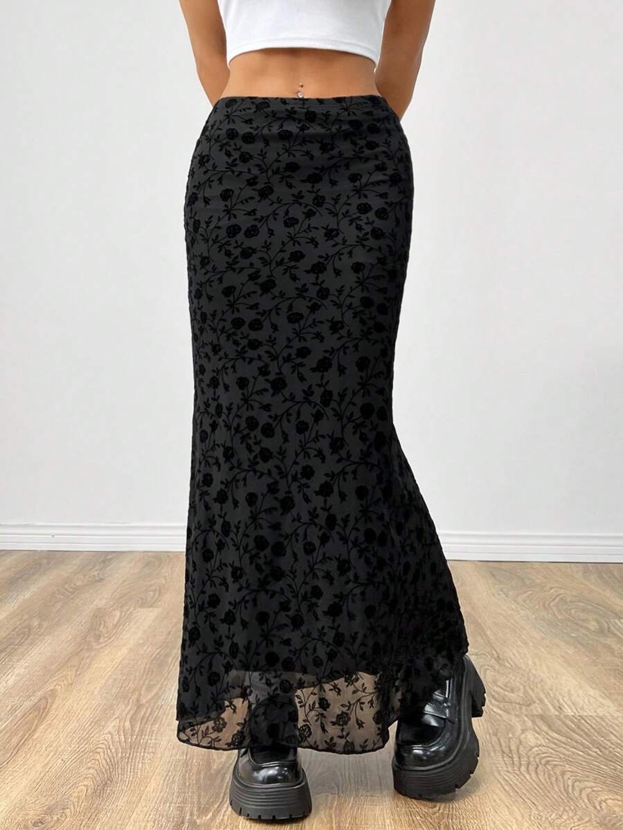 SHEIN EZwear 女士花卉印花網紗高低A字裙 - 黑色 - 查看 1