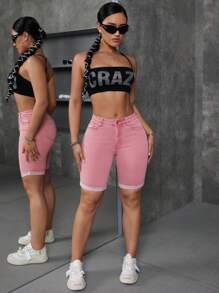 女士捲邊時尚休閒牛仔短褲 - 紅色 - 查看 6