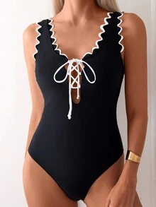 SHEIN Swim 女士假日拼接波浪圖案編織肩帶胸前綁帶一件式簡約時尚泳裝 - 黑色 - 查看 4