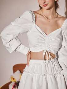 Aveloria Rosie Camisa corta de manga larga con cordones y cuello dulce en unicolor para mujer, informal de primavera y verano con pliegues