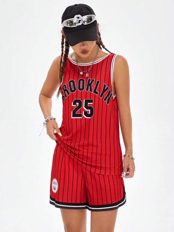 Coolane Ensemble 2 pièces pour le basket-ball comprenant un débardeur pour femme imprimé de rayures et lettres, et un short avec taille élastique