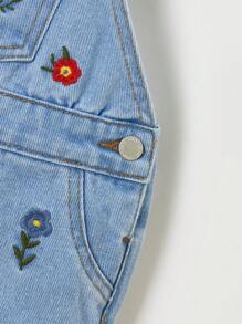SHEIN Baby Girl Spring Summer Boho Adorable Flower Embroidered Denim Overall - Light Wash - View 6