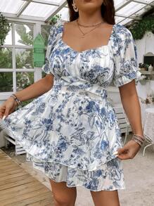 Flirla 大碼夏季雙層裙擺花卉印花連身褲，具有甜美領口 - 藍白色 - 查看 5