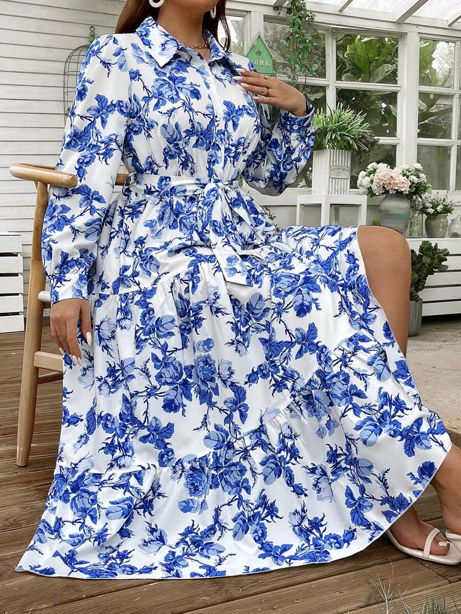 SHEIN Clasi Plus Size Women Holiday Style Floral Print Shirt Style Long Sleeve Loose Dress Maxi Women Outfit Fall Cloth For Women