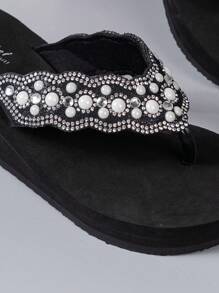 Dép nữ trang trí ngọc trai, dép xỏ ngón hình nêm bằng kim cương giả, thích hợp cho đám cưới trên bãi biển - màu đen - Xem 6
