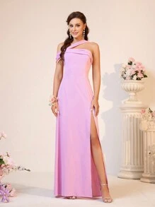 SHEIN Belle 優雅女性斜肩褶皺高開叉伴娘禮服 - 粉色 - 查看 5