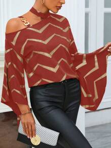 SHEIN Clasi Women's Fashionable Open Shoulder Loose Striped Shirt For Summer