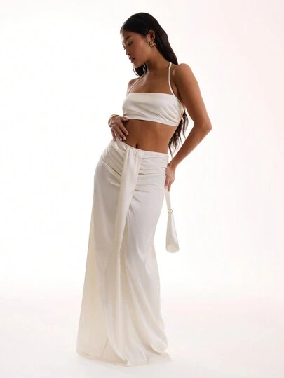 MUSERA Satin Straight Neck Tie Back Bralet Vacation Spring Summer Festival