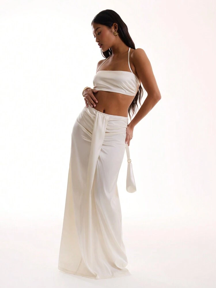 Satin Straight Neck Tie Back Bralet Vacation Spring Summer Festival Holiday