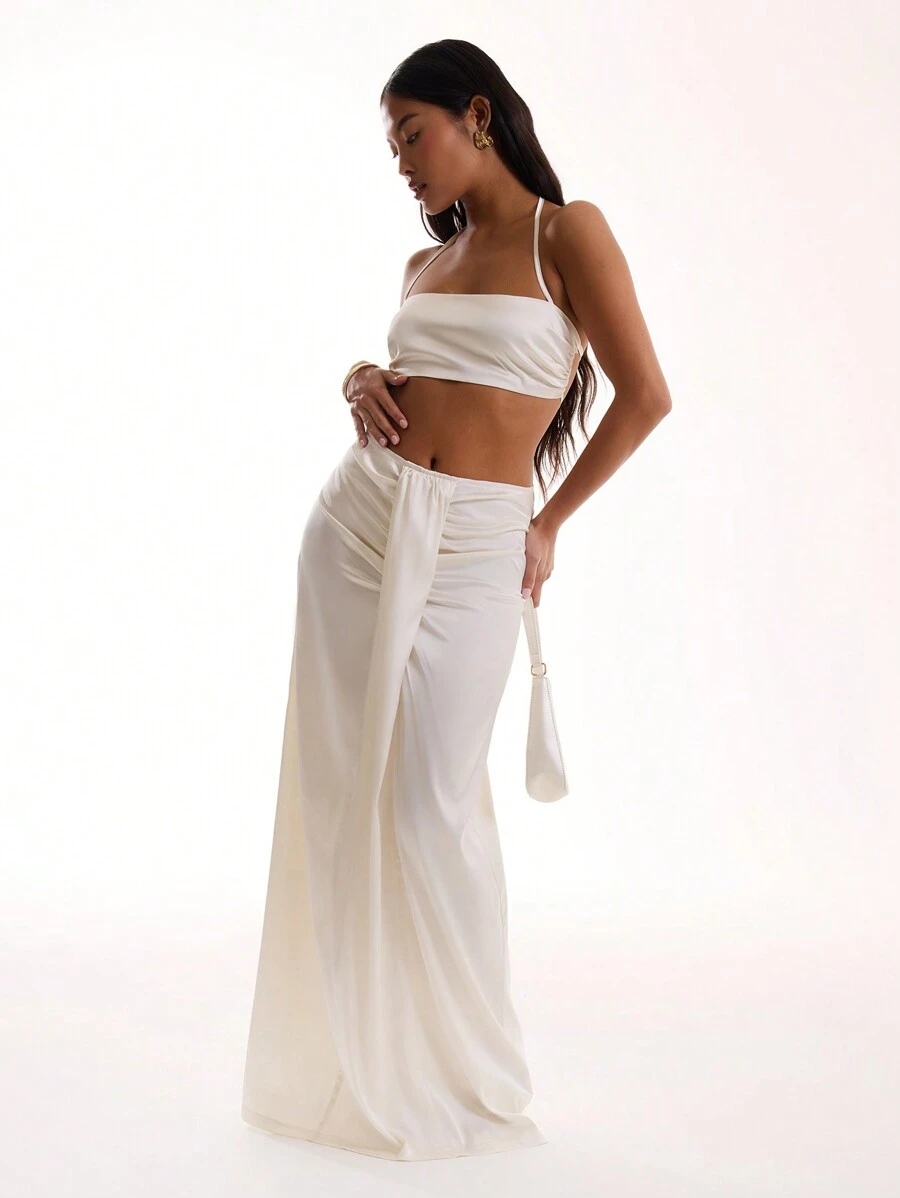 MUSERA Satin Straight Neck Tie Back Bralet Vacation Spring Summer Festival - White - View 1