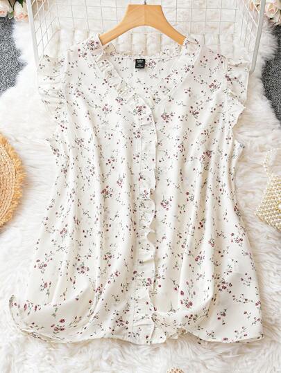 EMERY ROSE Plus Ditsy Floral Print Ruffle Trim Blouse, Summer