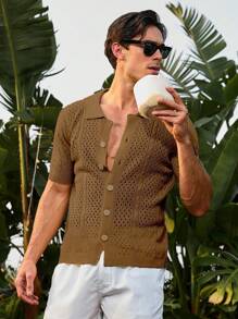 Manfinity Homme Đàn ông mùa hè ngắn tay áo dệt kim thông thường có nút ngực đơn - Cà phê nâu - Xem 3