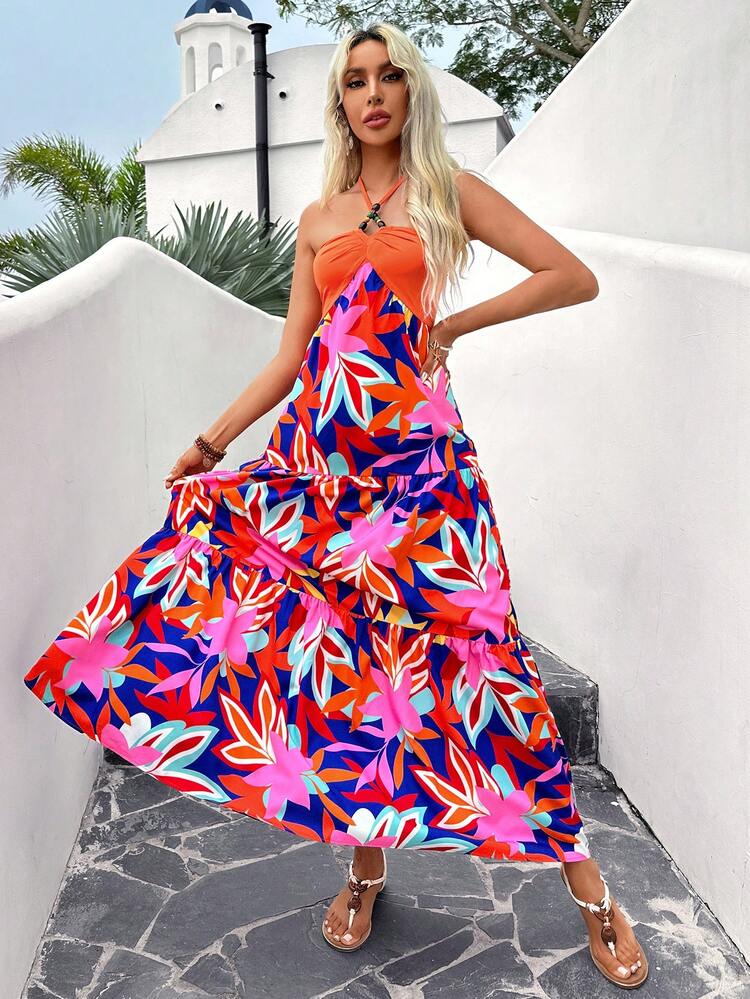 Women Summer Vacation Style Plant Print Pleated Halter Neck Long Dress