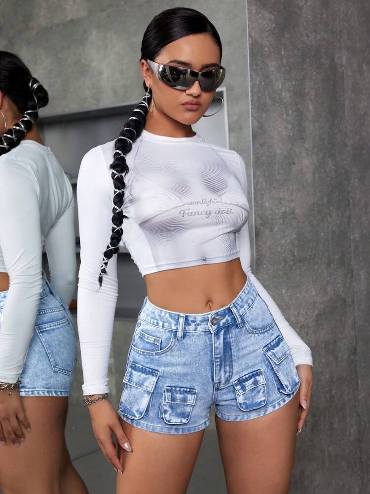 Multi-Pocketed Street-Style Fashion Workwear Washed Denim Shorts