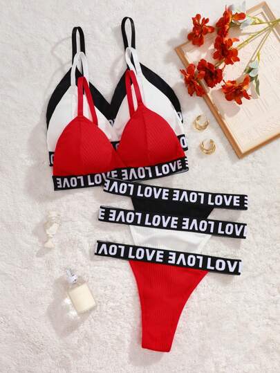 Contrast Letter Tape Women BH Slipje Lingerie Set, Pieces/Set Sports