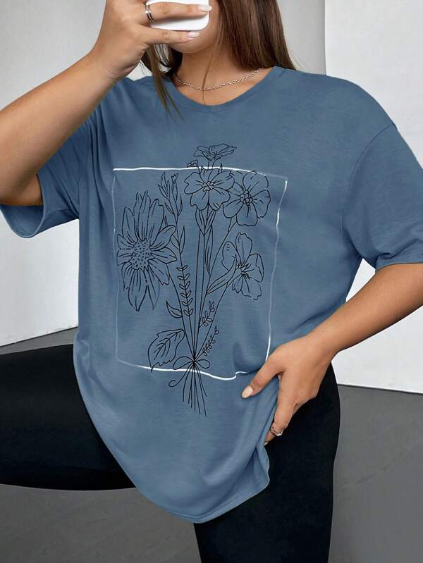 SHEIN EZwear Plus Size Floral Print Drop Shoulder Short Sleeve T-Shirt For Summer