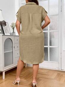 Calvaya Kích thước lớn Màu thuần Tay áo cuộn lên Mặt trước Nút Đầm giản dị - Màu Khaki - Xem 2