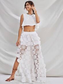 Soleia Pantalones de pierna ancha suelta de moda con encaje soluble en agua, diseño de hueco y abertura