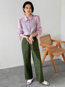 FRIFUL Women Fashionable Elegant Long Sleeve Sheer Turn-Down Collar Shirt - Purple - View 2