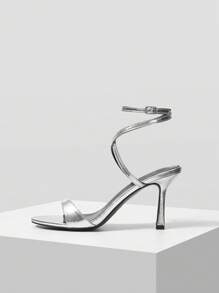 MOTF PREMIUM WOMEN'S SIMPLE METALLIC HIGH HEEL SANDALS VACATION SHOES, FOR SUMMER NEW YEAR HOLIDAY, SPRING SHOES, SPRING BREAK EASTER PROM HEELS FOR CHRISTMAS - Silver - View 1