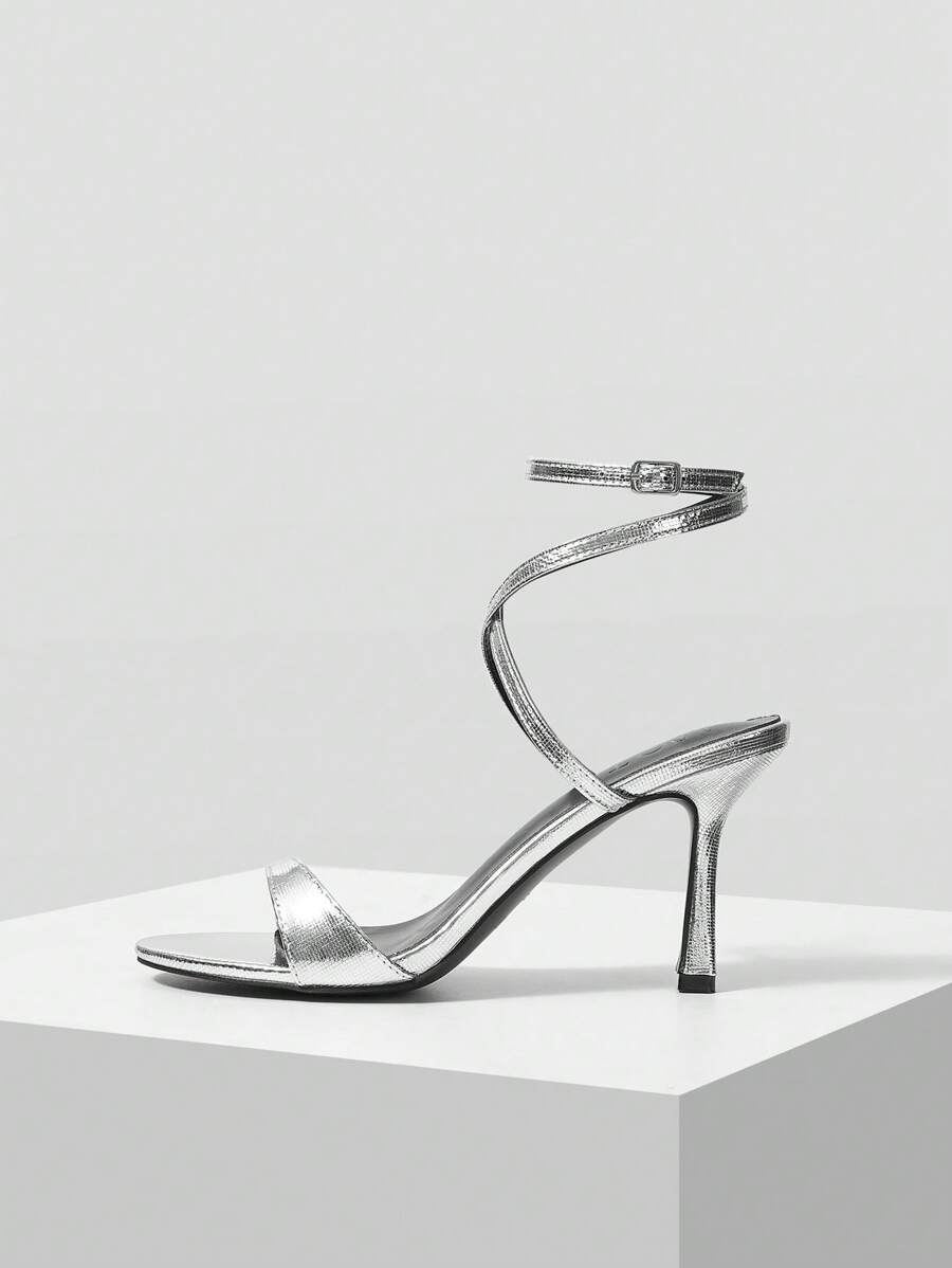 MOTF PREMIUM WOMEN'S SIMPLE METALLIC HIGH HEEL SANDALS VACATION SHOES, FOR SUMMER NEW YEAR HOLIDAY, SPRING SHOES, SPRING BREAK EASTER PROM HEELS FOR CHRISTMAS - Silver - View 1