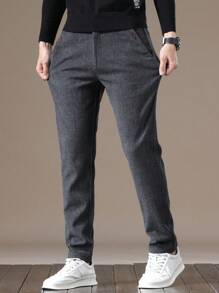 Men Elastic Waist Solid Color Side Pocket Casual Pants, For Fall