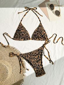 SHEIN Swim Women's 2025 Leopard Print Ruffled Halter Tie Front Bikini Swimwear Set For Beach Vacation, Summer