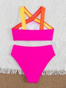 SHEIN Conjunto de bikini sin aros de bloques de color para adolescente, conjunto de bikini para playa y ocio en verano, playa de verano