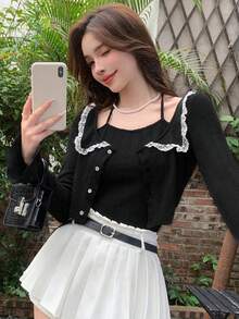 DAZY 女性時尚百搭甜美Preppy風格緊身長袖T恤 - 黑色 - 查看 4