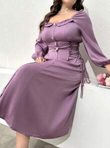 Modelyn Vestido largo de manga larga con diseño de botones y cinturón de moda para tallas grandes, vestido de noche largo para primavera y verano - Morado - Ver 3