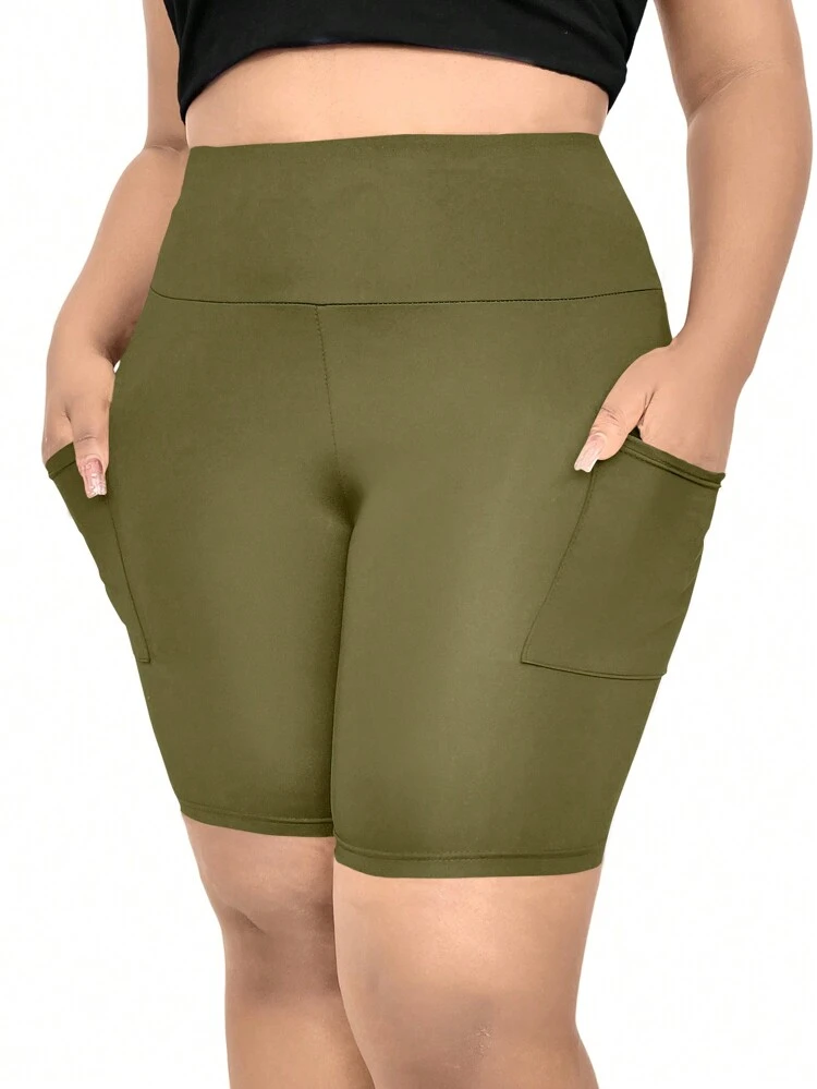 Plus Size Women Solid Color Casual Shorts With Pockets