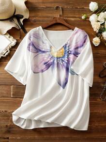 EMERY ROSE Plus Size V-Neck Printed Casual Daily Wear Spring And Summer Shirt - White - View 3