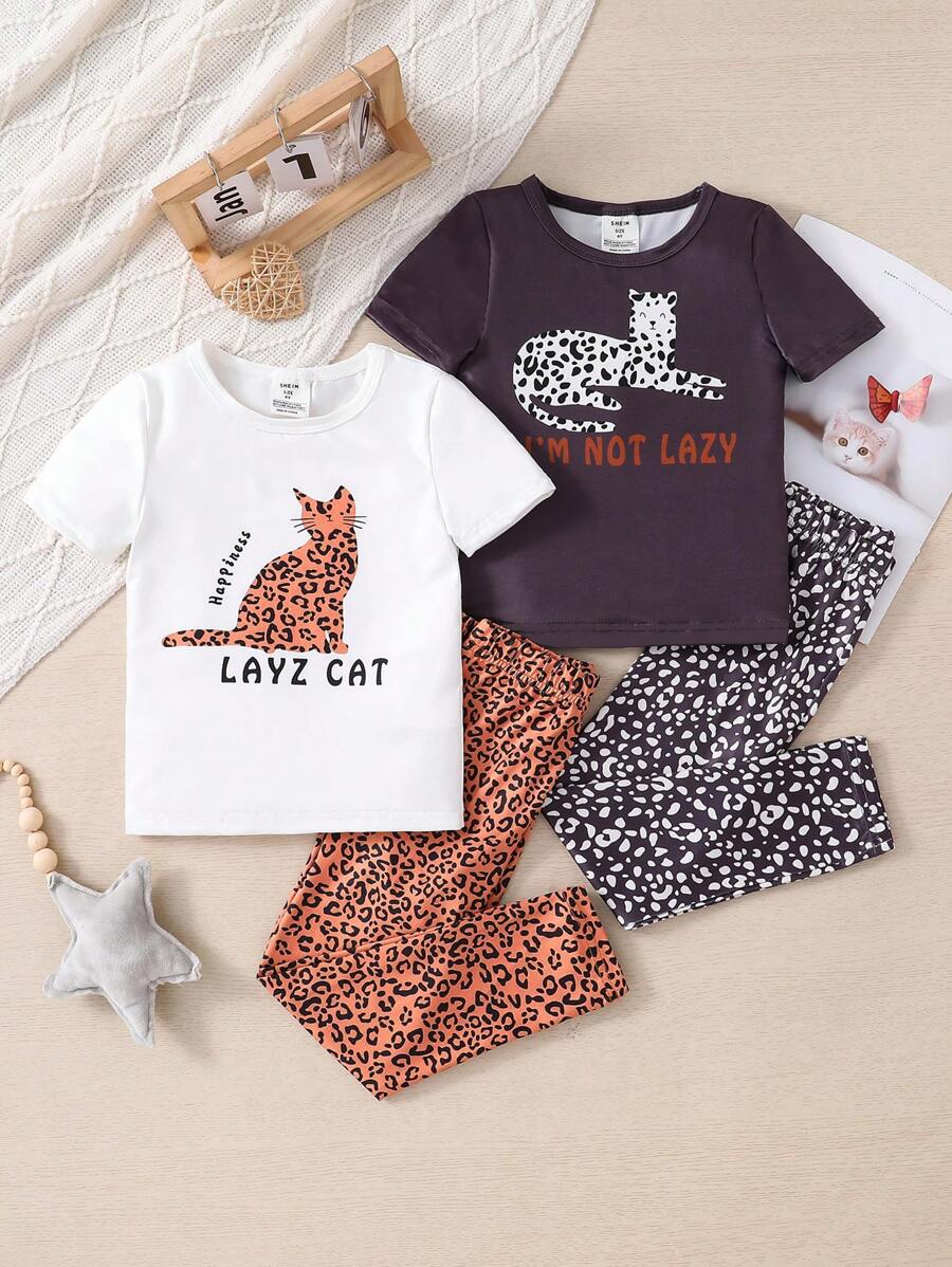 2pcs/Set Young Girl Leopard Print Cat Pattern Long Pants And Short Sleeve Casual Snug Fit Homewear Outfit, Tight Pajamas Set - Multicolor - View 1