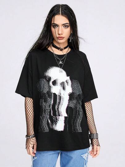 Smith Collective T-shirt ample à manches courtes avec imprimé de squelette en mosaïque novateur