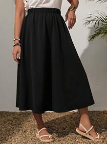 EMERY ROSE Plus Size Solid Color Elastic Waist Swing Loose Summer Fashion All-Match Skirt