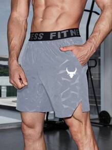 Manfinity Sport PWRUP Lässig Shorts im Freund-Stil für Männer mit Stier-Muster und Buchstaben-Webband, graue Shorts für Sportbekleidung