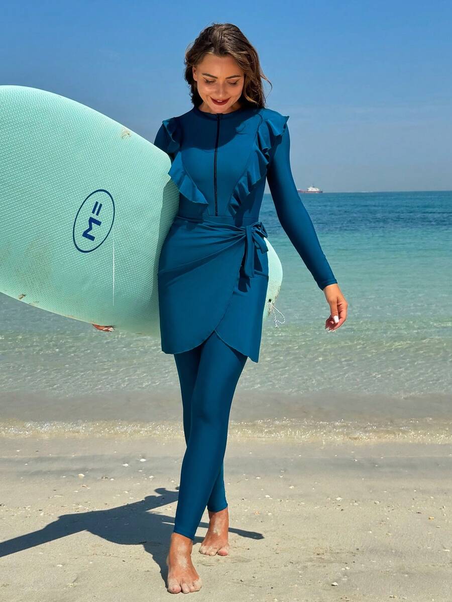Swim Mulvari Women's Summer Beach Burkini Half Zipper Ruffle Trim Burkini Set - Teal Blue - View 1