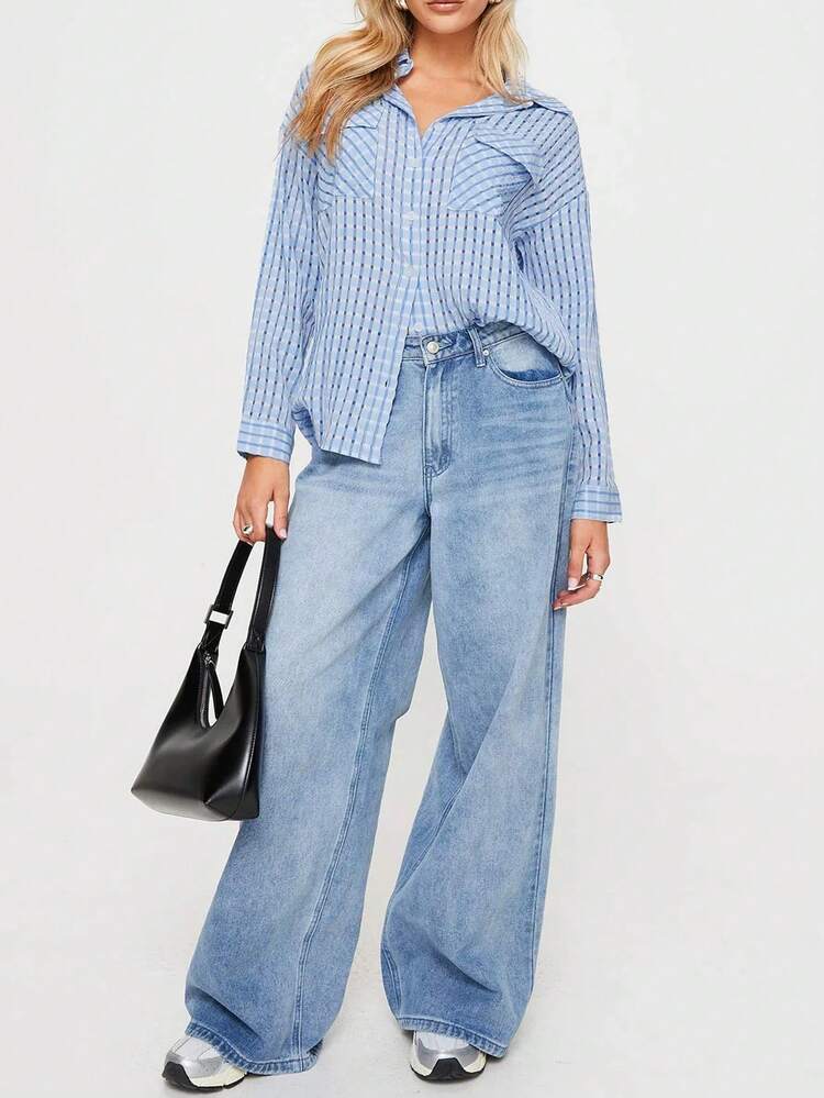 Loose Plaid Textured Button Front Shirt