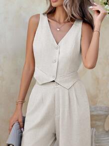 SHEIN Clasi Women Two-Piece Outfits Linen Set - Beige - View 4