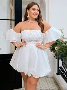 Simplee Plus Size Women Short Mesh Splicing Wedding Dress - White - View 1