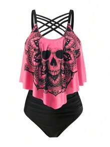 SHEIN Swim Curve Conjunto de tankini de talla grande con estampado de calaveras y mandala para playa de verano, ideal para vacaciones