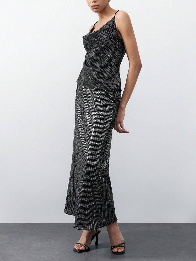 SHEIN Maija Women's Fashionable Long Black Sequin Skirt