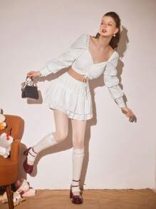 Aveloria Rosie Camisa corta de manga larga con cordones y cuello dulce en unicolor para mujer, informal de primavera y verano con pliegues